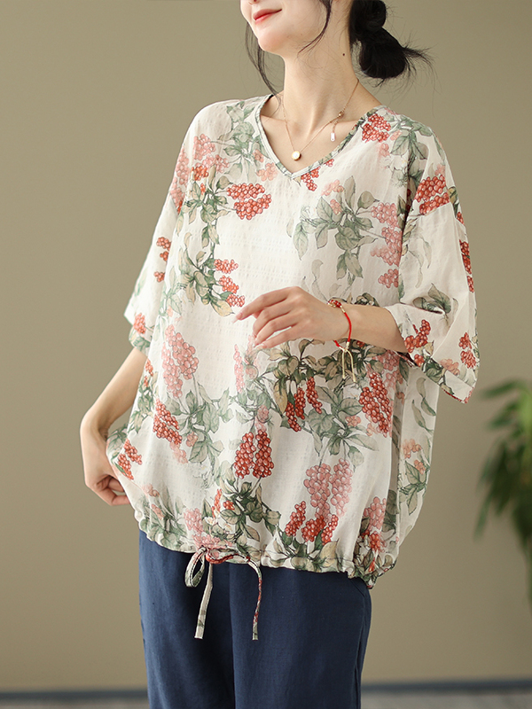 Short Linen Drawstring - Letnia luźna koszulka z bawełny i