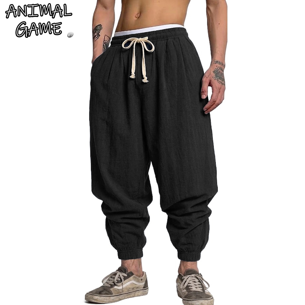 Short Linen Drawstring - Koreańskie lniano-bawełniane spodnie męskie na jesień,