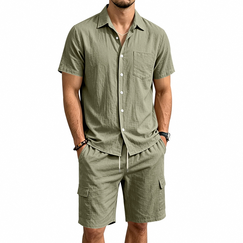 Short Linen Drawstring - Męski letni lniany dwuczęściowy zestaw: koszula
