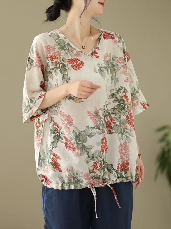 Letnia luźna koszulka z bawełn – Short Linen Drawstring recenzja i cena